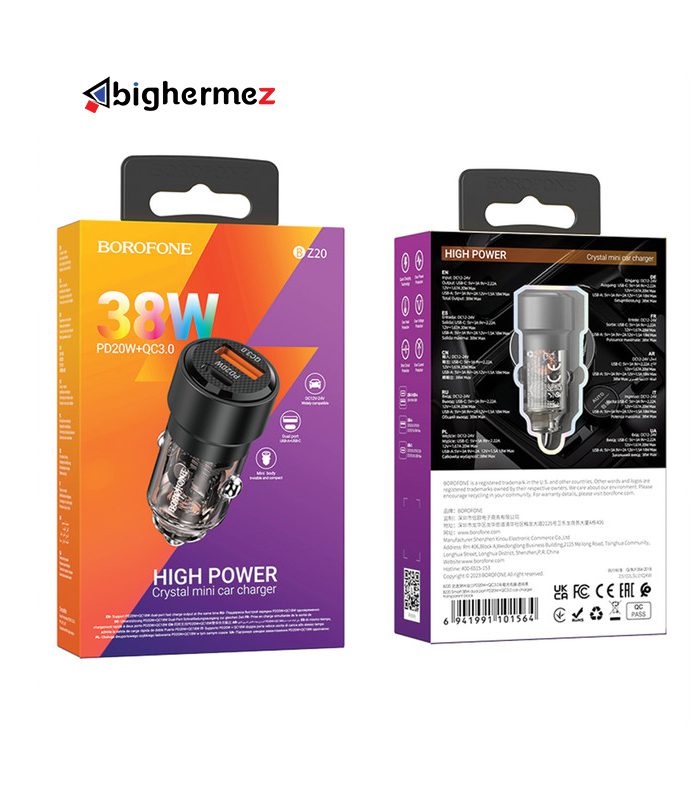شارژر فندکی USB:QC3.0+Type-C 38W بروفون مدل BZ20