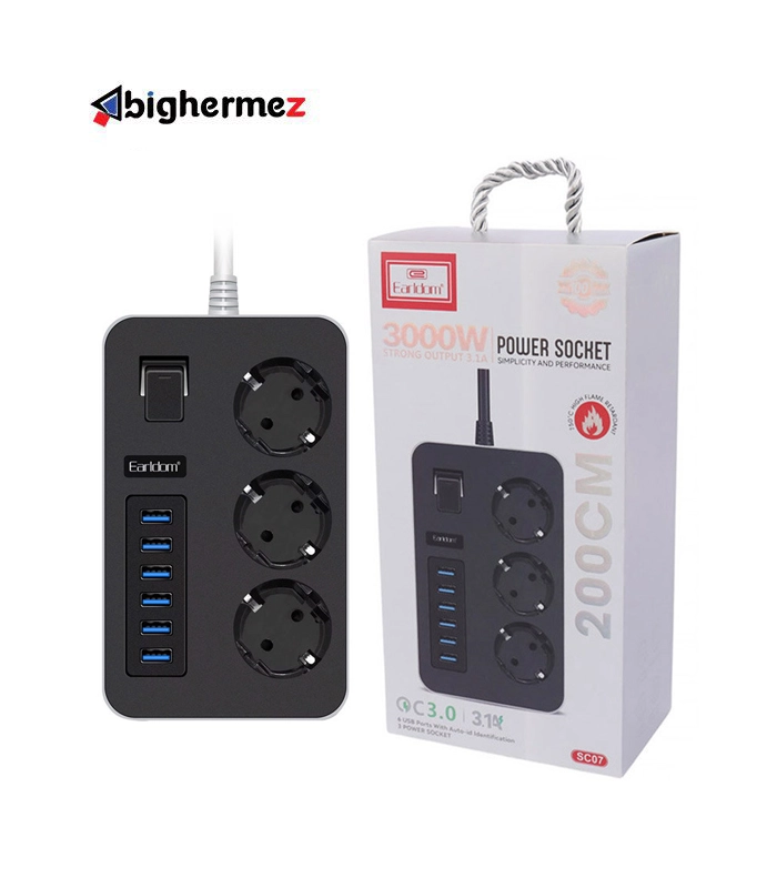 چند راهی 3 خانه برق ارلدام ES-SC07 با کابل 2 متری + شارژر USB